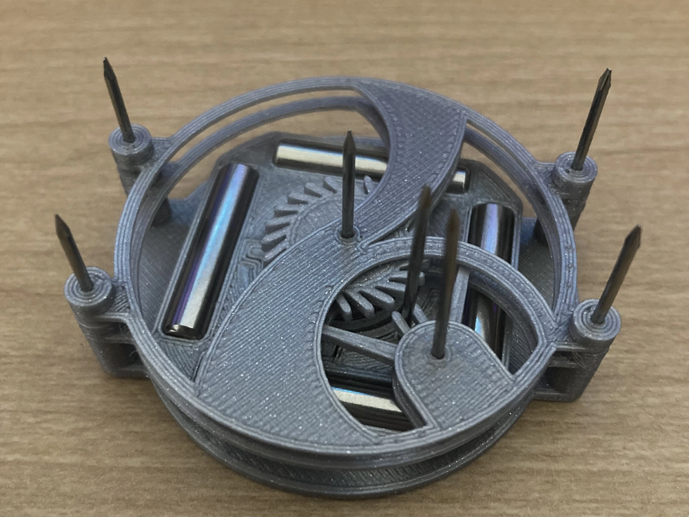 Assembled 3D-printed escapement mechanism with stacked gear train